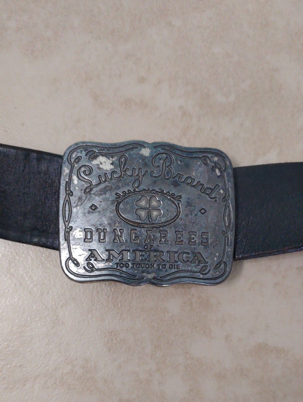 Vintage Lucky Dungarees Large Buckle Black Unisex Leather Belt
